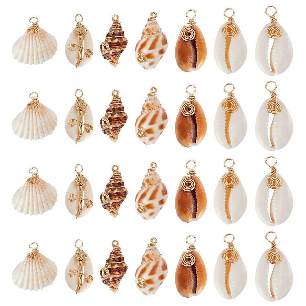 5733 28Pcs 7 Styles Natural Shell Charms Bulk with 18K Gold Plated Spiral